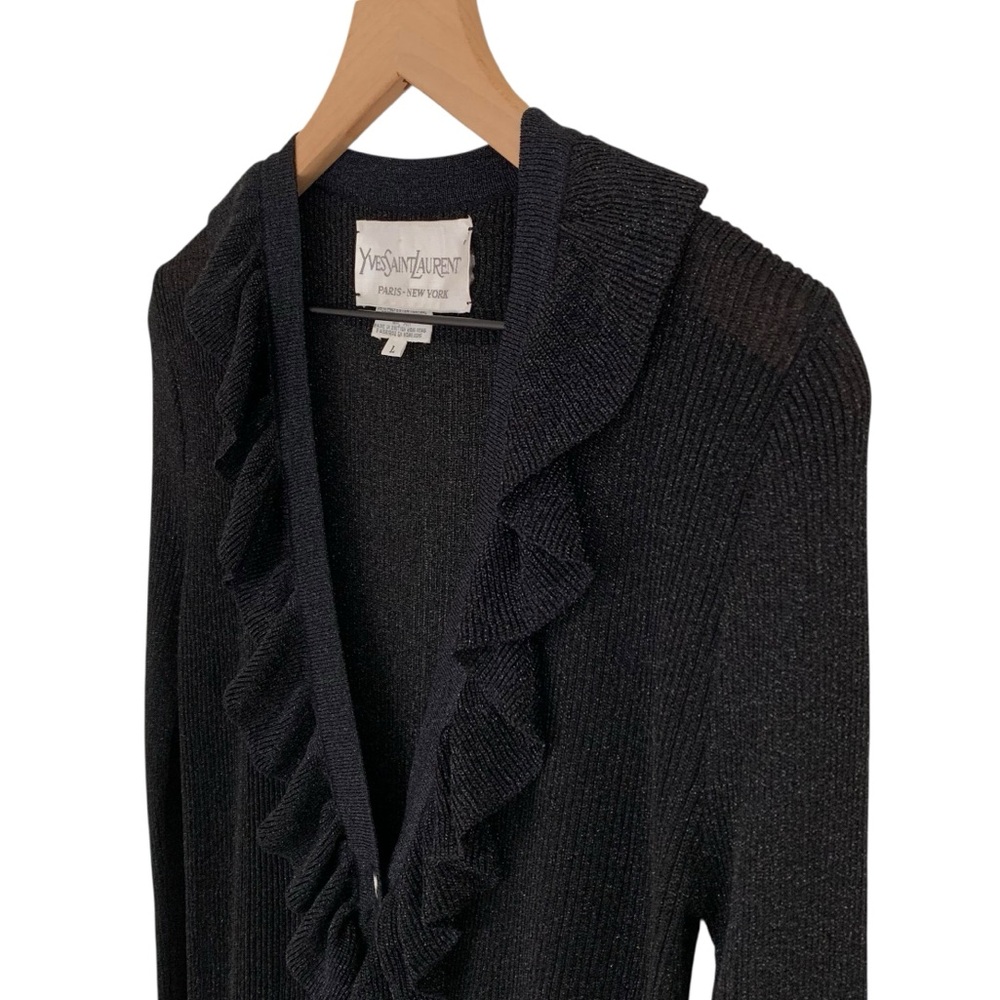 Vintage Yves Saint Laurent Black Metallic Ruffled Lapel Cardigan- Rare Find